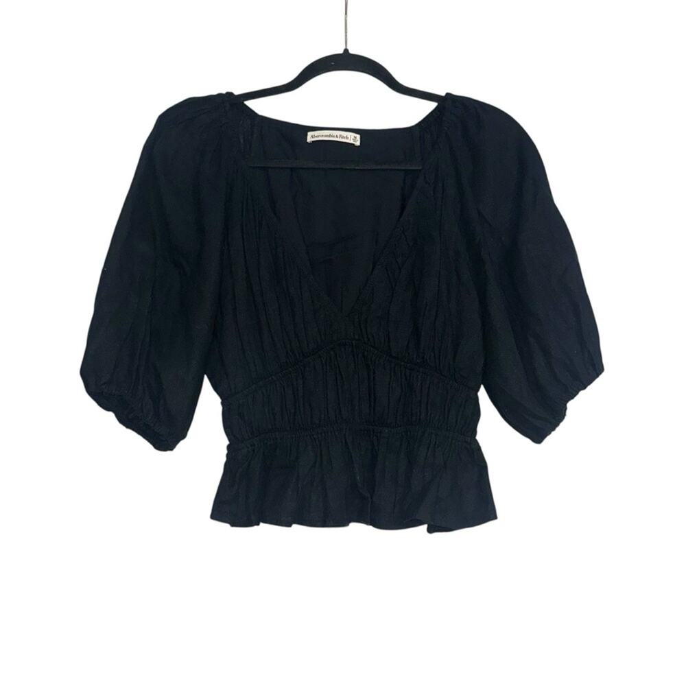 Abercrombie & Fitch Linen Blend Black Puff Sleeve Babydoll Top MEDIUM - Picture 2 of 7